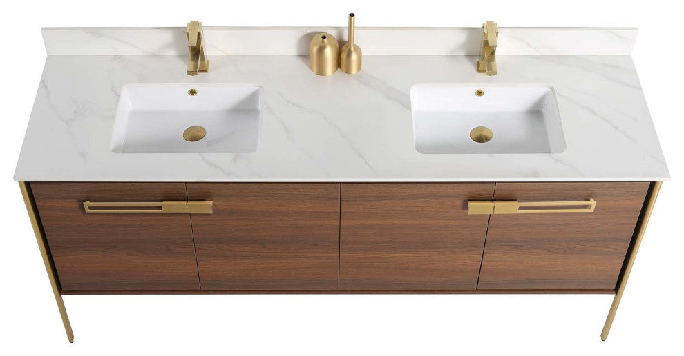 Oakville Bath Vanity, Ceramic Sink, Walnut Ebony, 72 Inch, Satin Brass Hardware