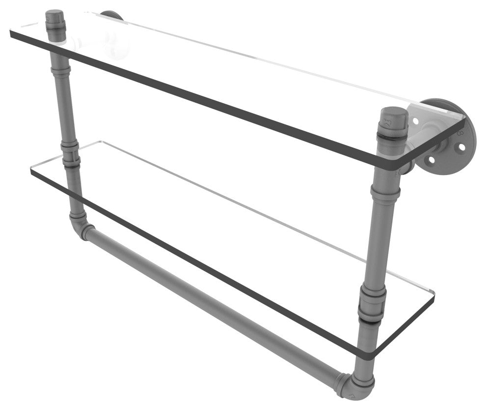 Pipeline Doulbe Glass Shelf with Towel Bar, Matte Gray, 22"