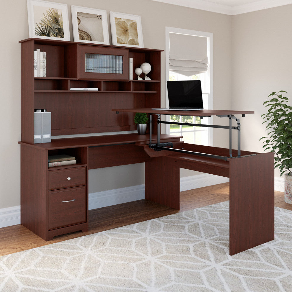 Cabot 3 Position L Shaped Sit to Stand Desk With Hutch, Harvest Cherry