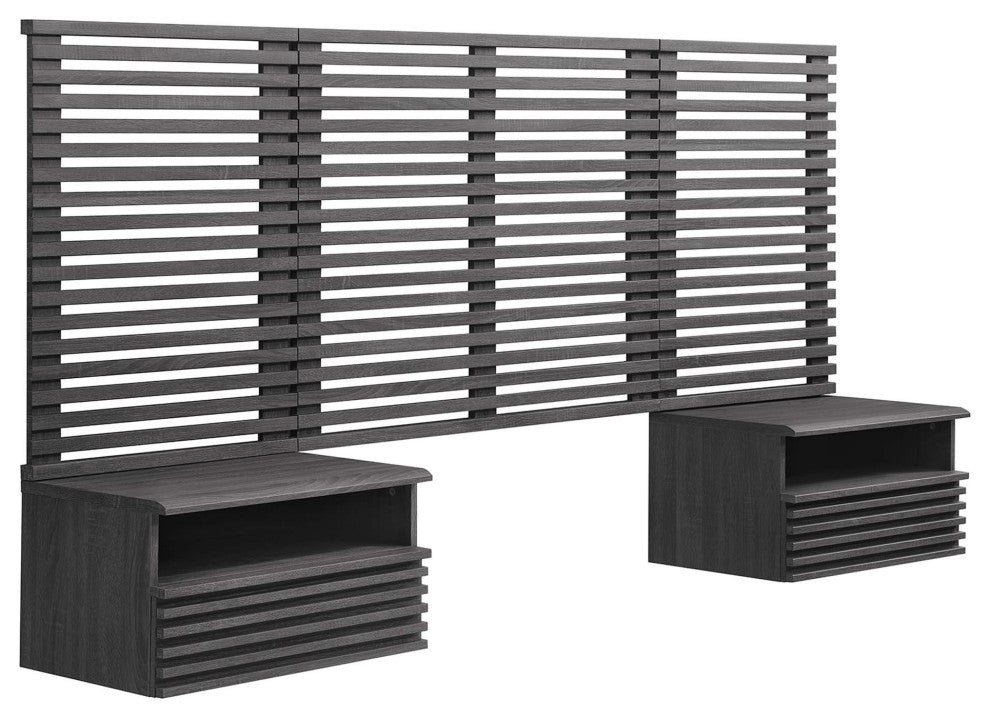Render Wall Mount Twin Headboard and Modern Nightstands, Charcoal
