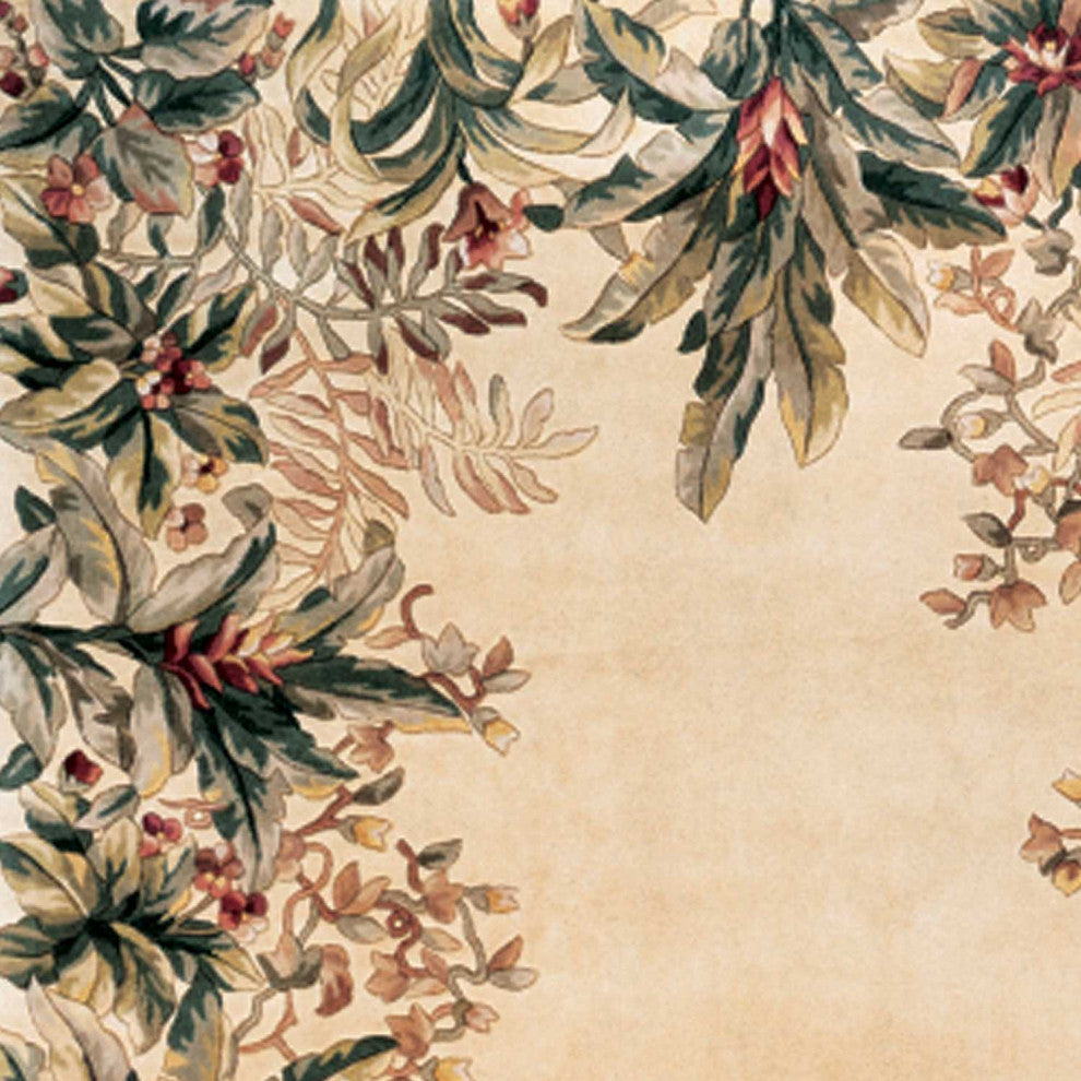HomeRoots 3' x 6' Ivory Tropical Leaves Bordered Wool Indoor Area Rug