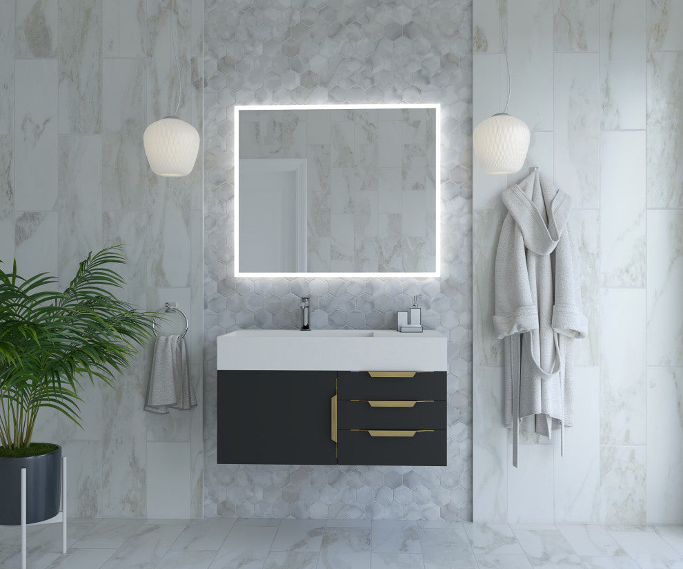 CastelloUSA Amazon 36" Wall Mount Vanity Set, Black, White Top, Gold Handles