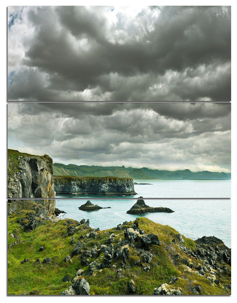 Icelandic Coast under Dark Clouds, Large Seashore Canvas Print, 28x36, 3 Panels