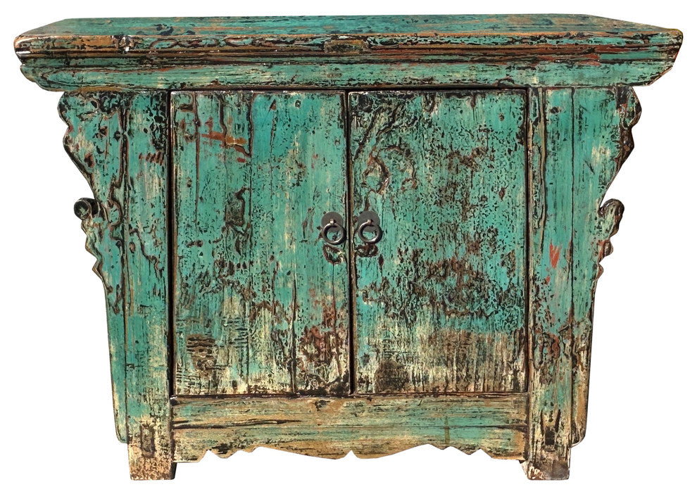 Vintage Distressed Teal Blue Green Carved Apron Low Console Table