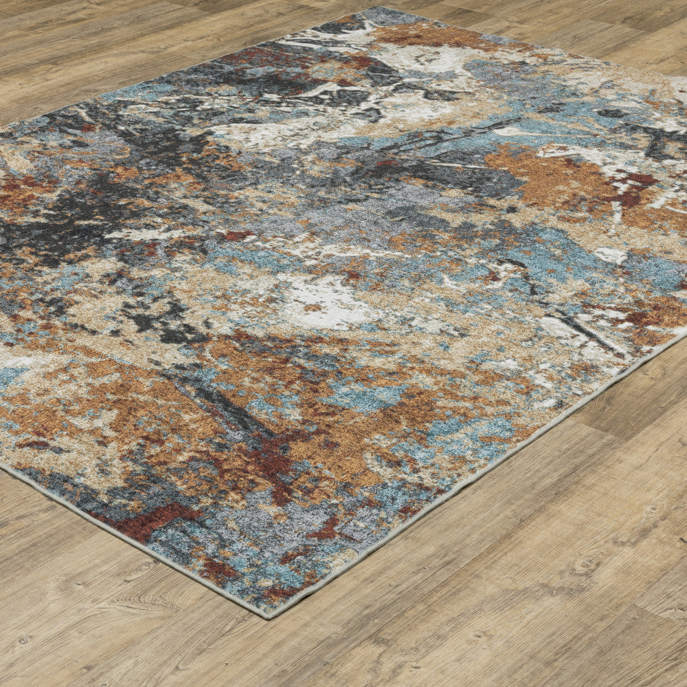 Sasha Abstract Earth Machine Washable Rust/Blue Area Rug Mat 7'6" x 10'