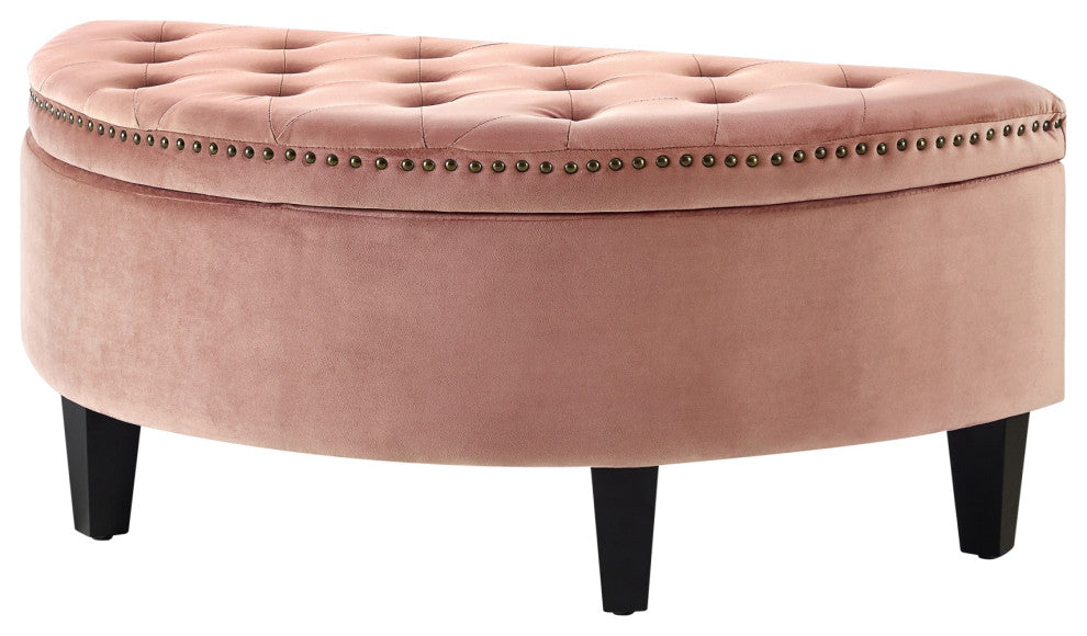 Laura Velvet Gold Nailhead Trim Half Moon Storage Ottoman, Blush