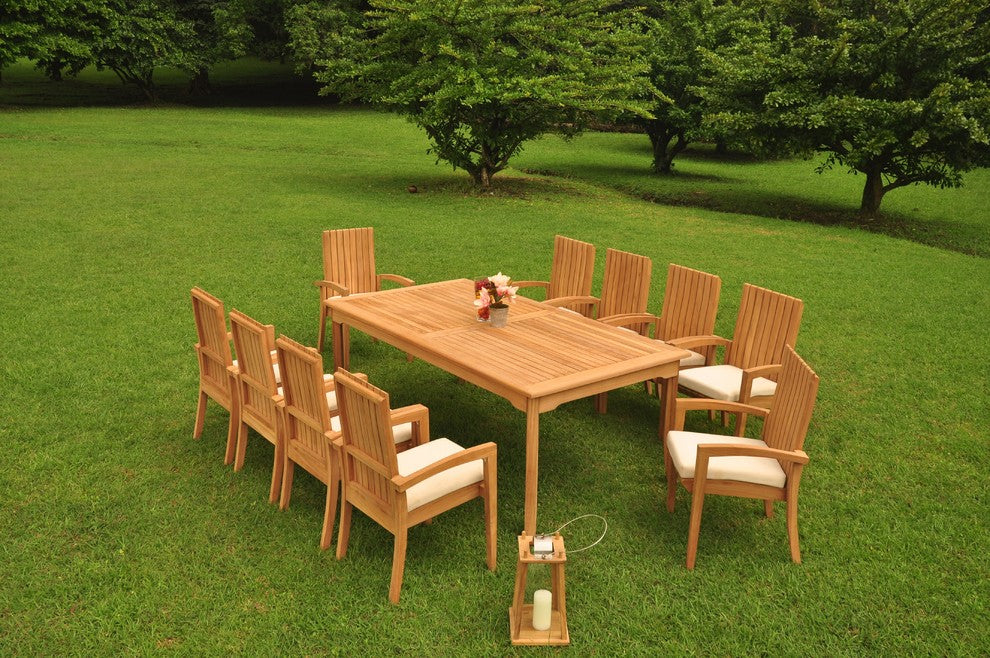 11-Piece Outdoor Teak Dining Set: 83" Rectangle Table, 10 Goa Stacking Chairs