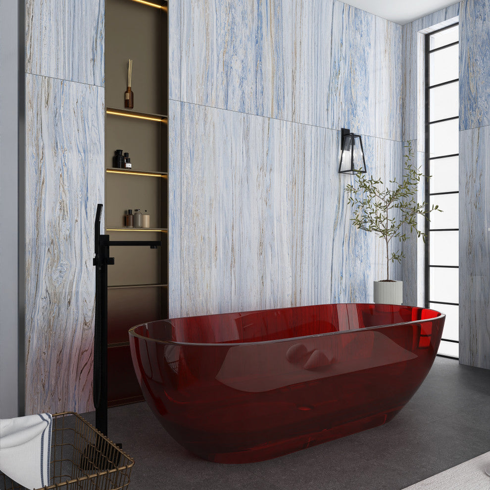 69" Solid Surface Freestanding Flatbottom Soaking Bathtub, Red