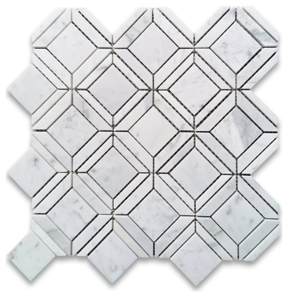 Carrara White Marble 2" Square Ventura Carlyle Geometry Tile Polished, 1 sheet