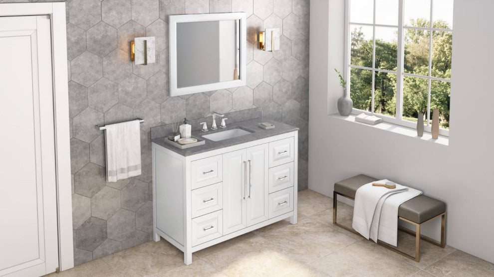 Cade Transitional 48" White Bathroom Vanity, Steel Grey Cultured Marble Vanity T