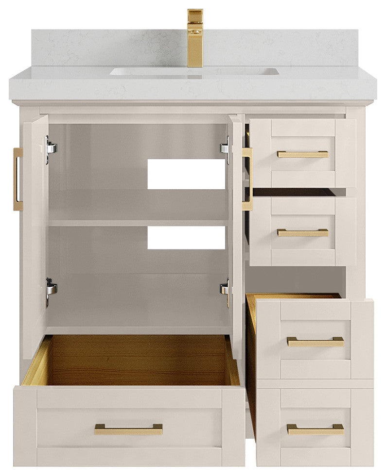 Boston 36" Center Sink Bath Vanity in Fine Grain 2" Carrara Quartz