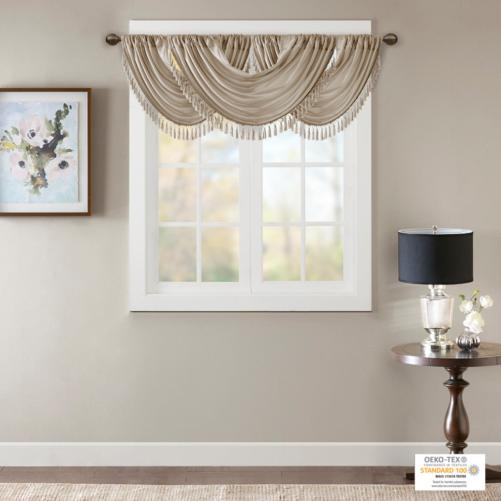 Madison Park Elena Silky Sheer Window Valance with Tassels, Bronze, Champagne