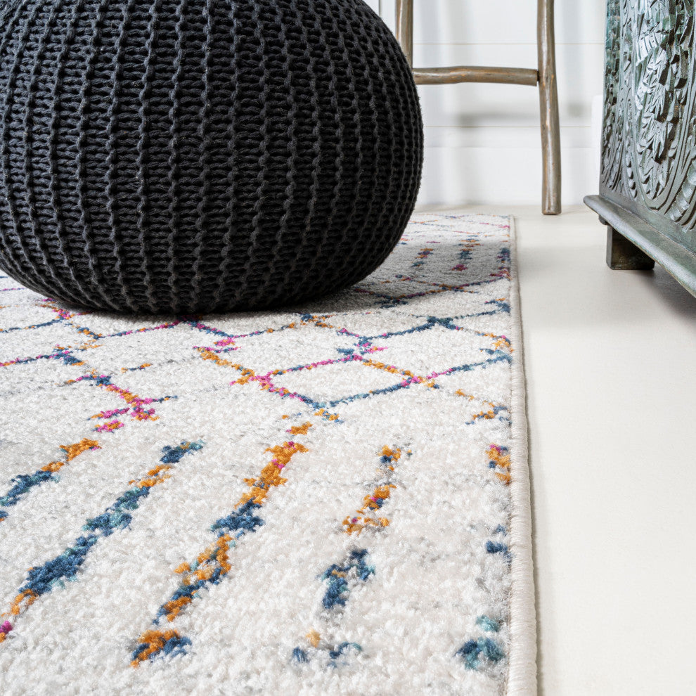 Moroccan HYPE Boho Vintage Diamond Runner Rug, Cream/Multi, 2 X 8