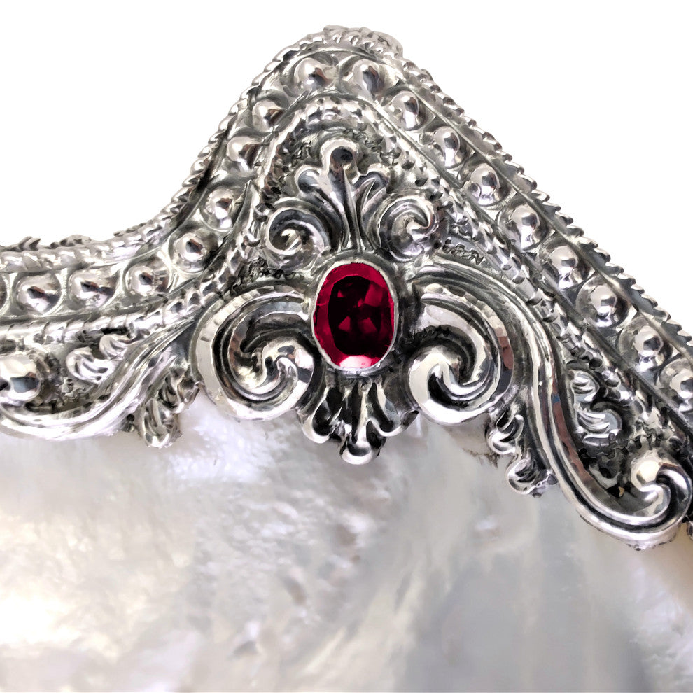 South Sea Shell Plate with Repose Silver set with Amethyst or Red Garnets, Red G