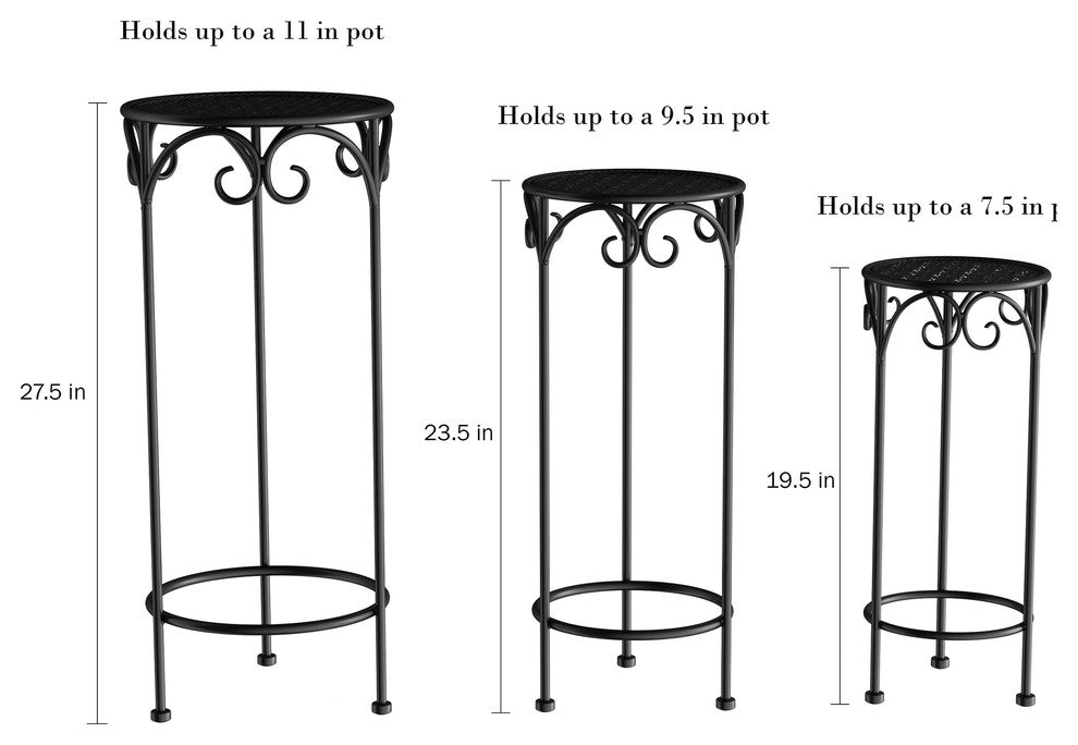 Pure Garden Set of 3 Nesting Metal Round Plant Stands, Black