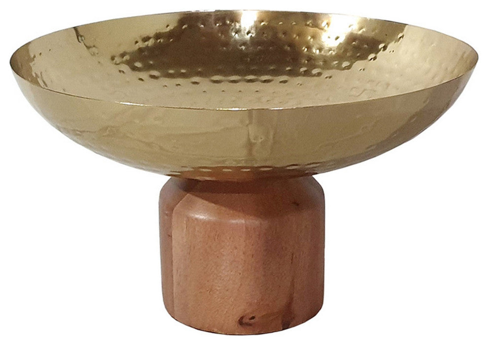 Benzara BM284950 Roe 12" Large Acacia Wood Table Bowl, Steel, Gold & Brown