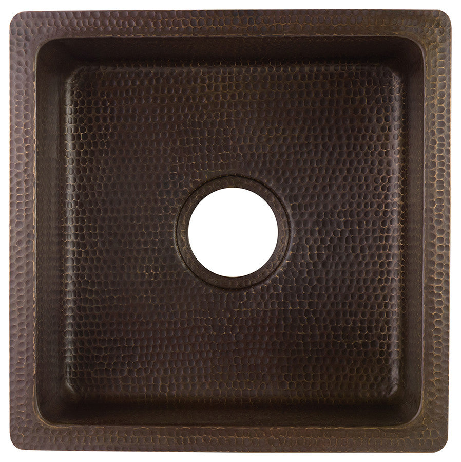 16" Square Hammered Copper Bar/Prep Sink, 3.5" Drain Opening