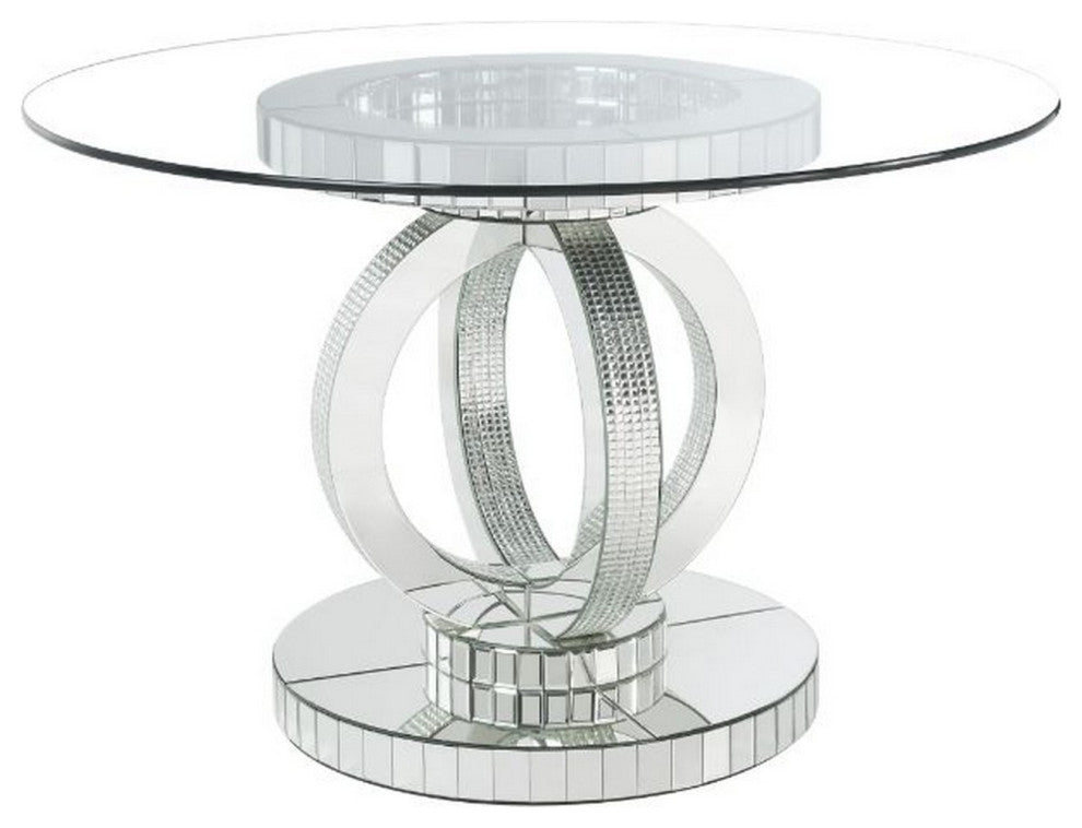 Benzara BM261677 Dining Table, Glass Top, Interloped Circular Mirror Base Silver