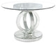 Benzara BM261677 Dining Table, Glass Top, Interloped Circular Mirror Base Silver