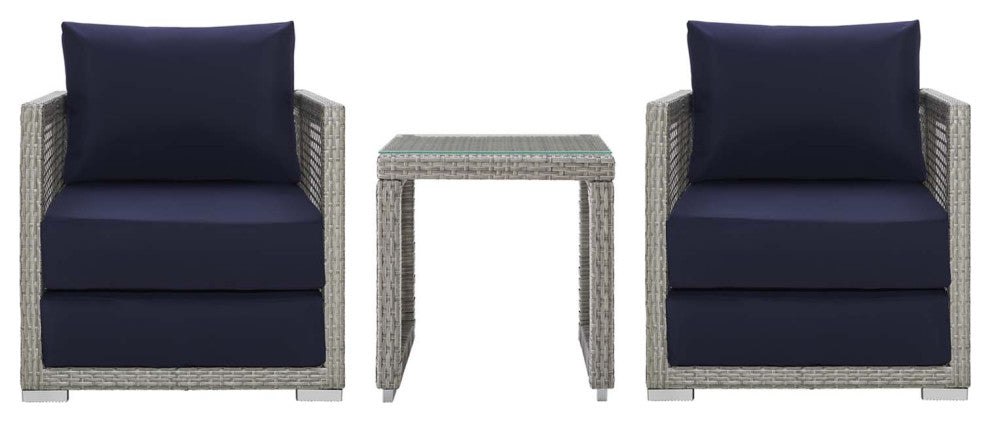Modern Outdoor Sofa, Chair and Coffee Table Set, Rattan Fabric, Gray Navy Blue