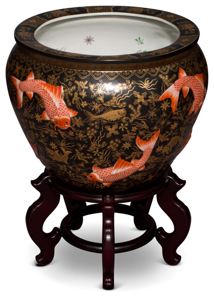 16 Inch Porcelain Koi Fish Motif Chinese Fishbowl Planter