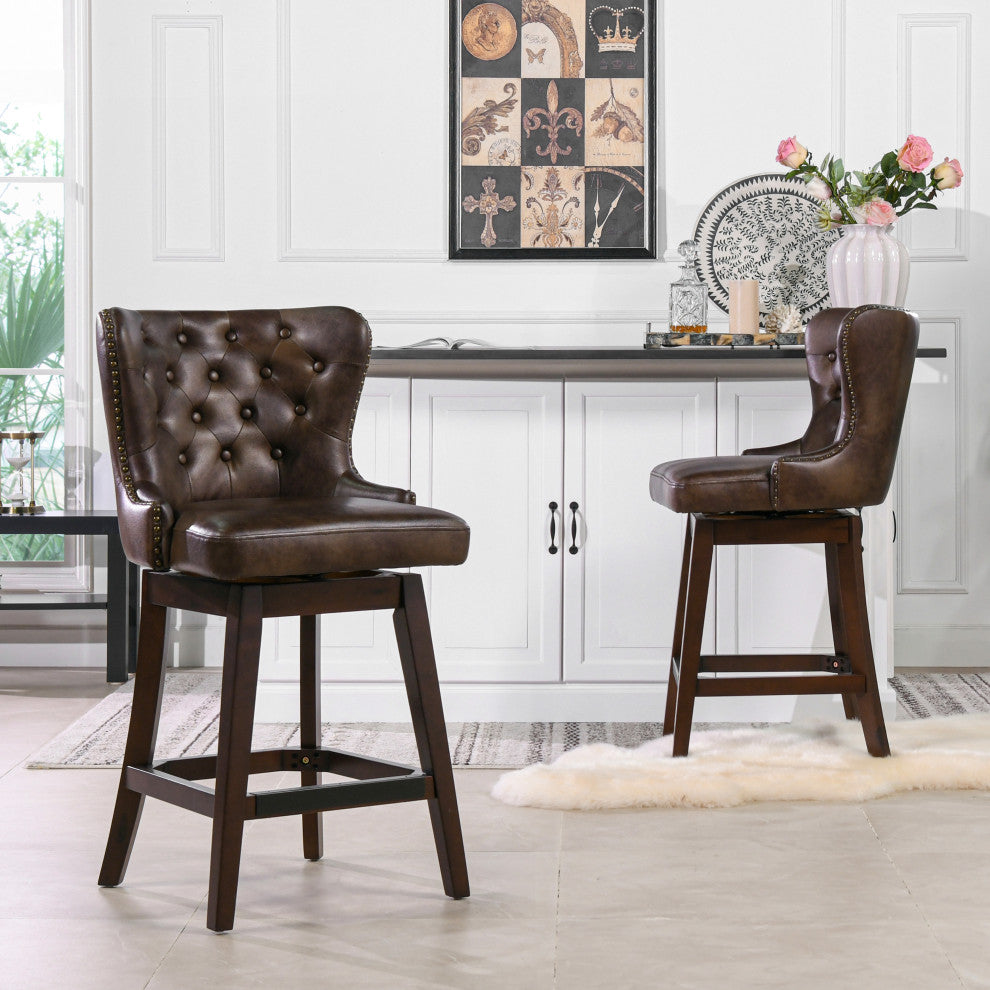 Holmes 27" Tufted High-Back 360 Swivel Counter-Height Barstool, Mid Brown Faux Leather