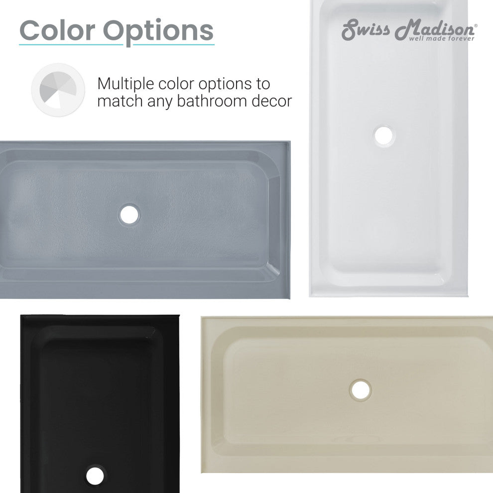Voltaire 48"x36" Acrylic White, Single-Threshold, Center Drain, Shower Base, 60"