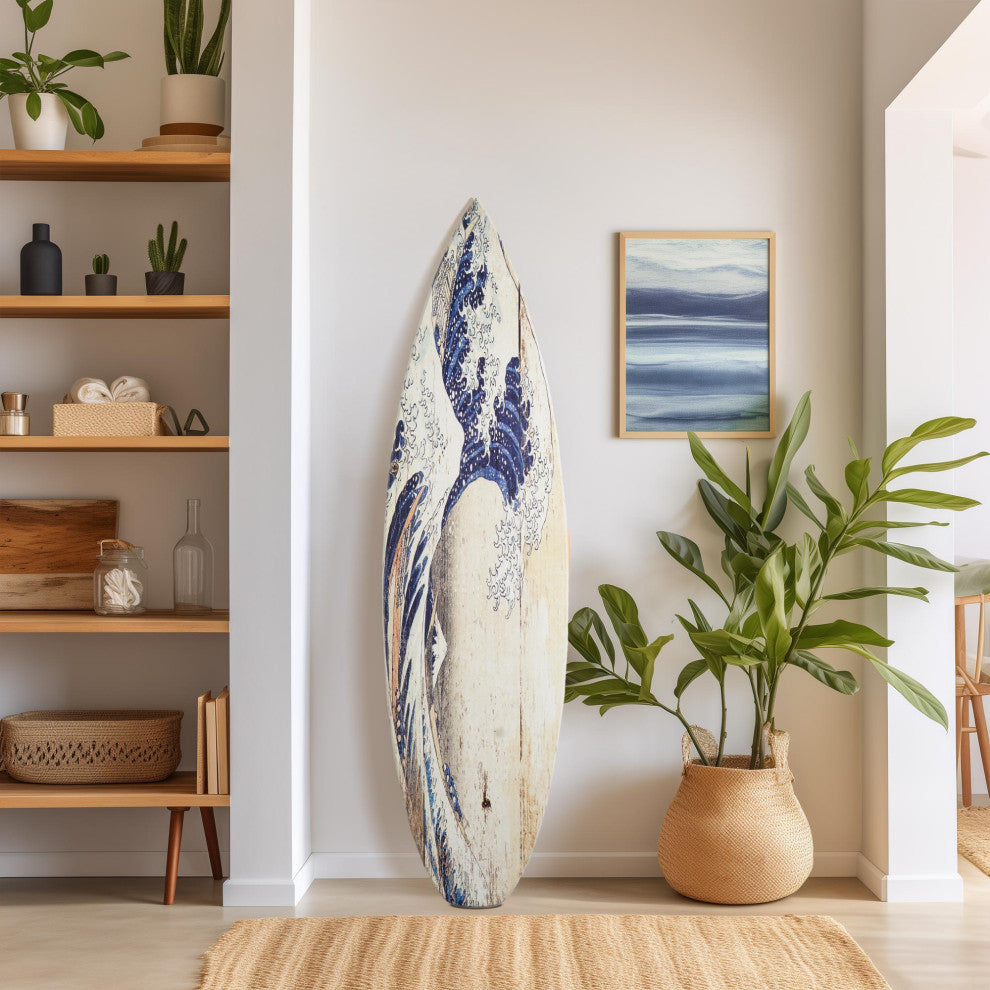 The Great Wave off Kanagawa Wood Surfboard Plaque Wall Sign, 60"x15"