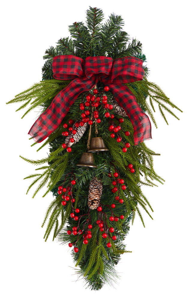 Nearly Natural W1279 24 Holiday Christmas Pine Cones, Berry and Bells Wreath