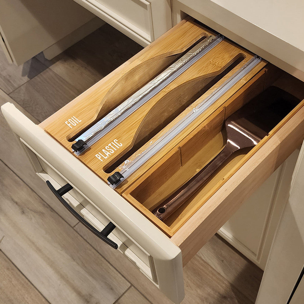 OnDisplay Luxe Bamboo Plastic Wrap/Wax Paper/Aluminum Foil Dispenser for Drawer