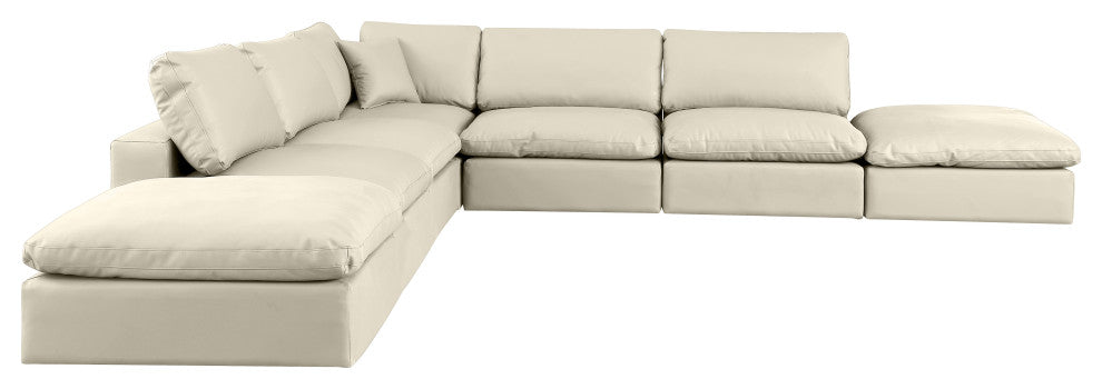 Comfy Upholstered L-Shaped Modular Sectional, Cream, 7-Piece: 4 Armless Chair, 1 Corner Chair, 2 Ottoman, Vegan Leather