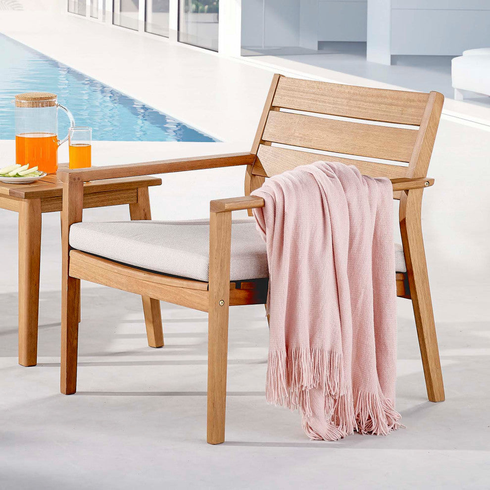 Lounge Chair Armchair, Wood, Brown Natural Taupe Gray, Modern, Outdoor Patio