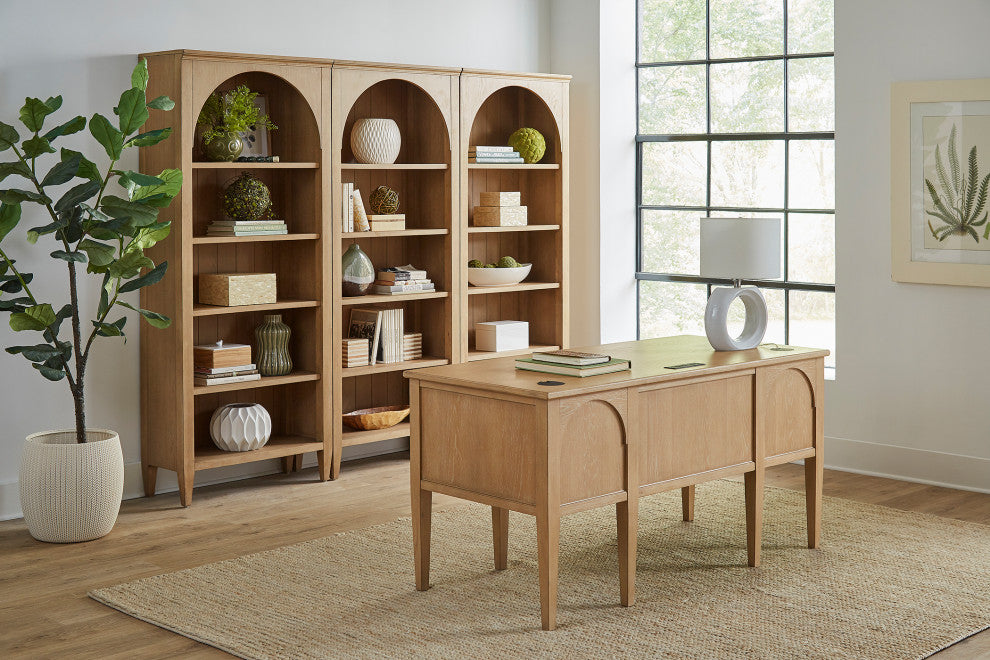 Modern Wood Half Pedestal Desk, Wood Office Desk, Fully Assembled, Light Brown