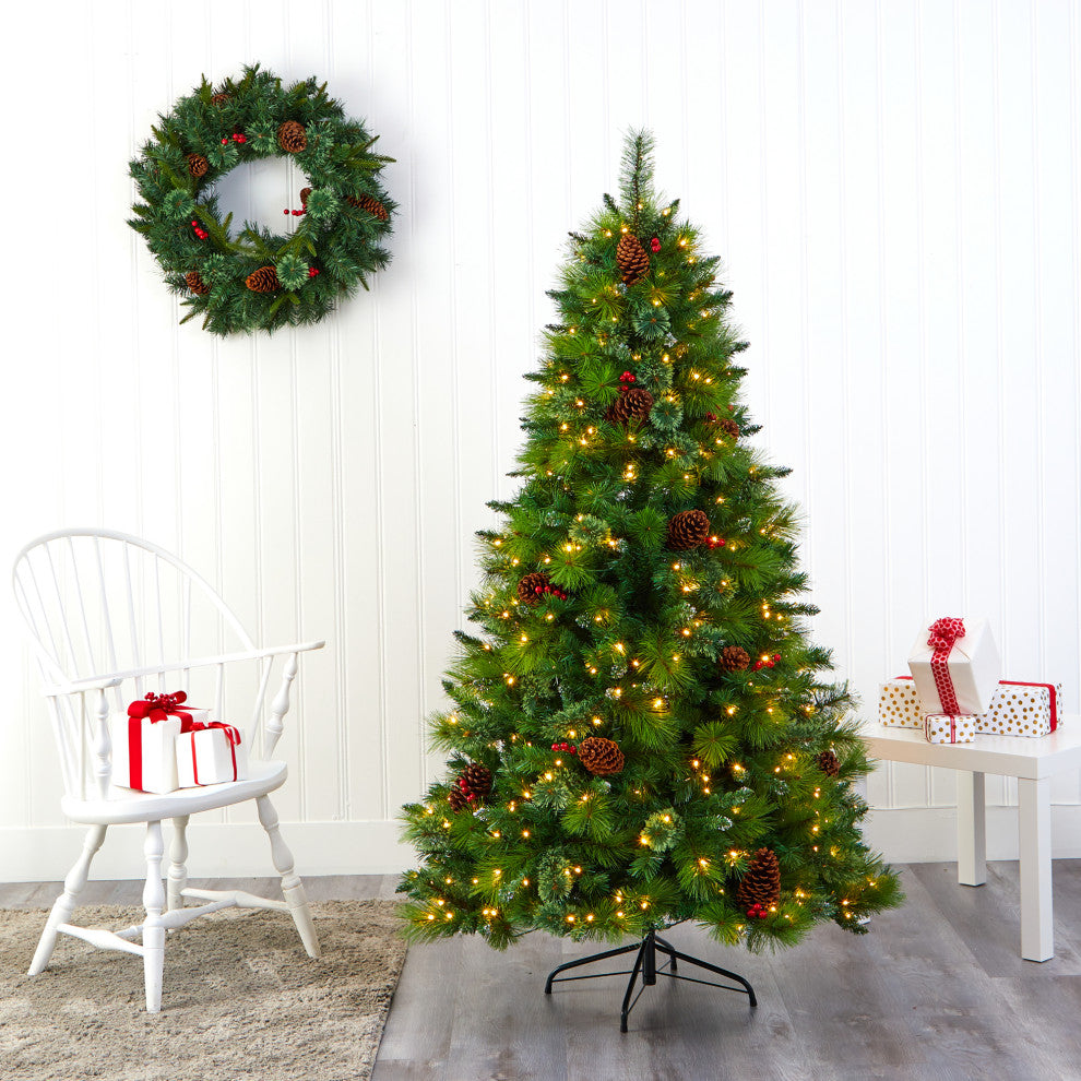 6' Montana Mixed Pine Faux Xmas Tree With Pine Cones, Berries & 350 Clear Lights