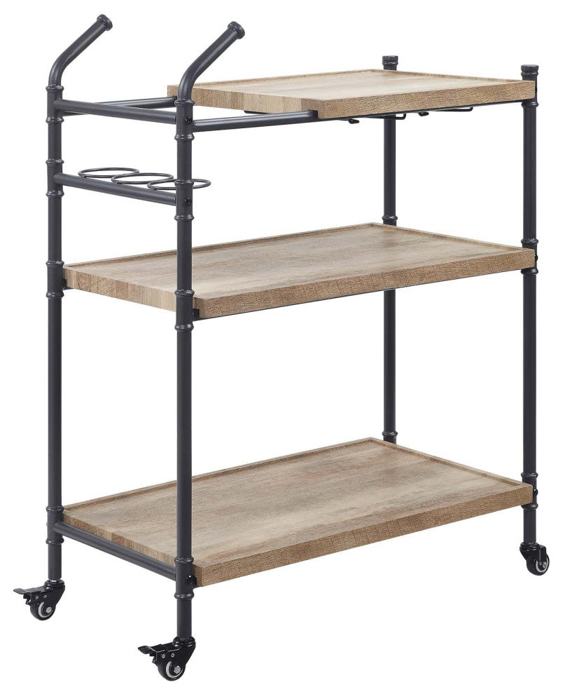Serving Cart With Wheels, Wine Rack and Glass Holder, Oak and Sandy Black