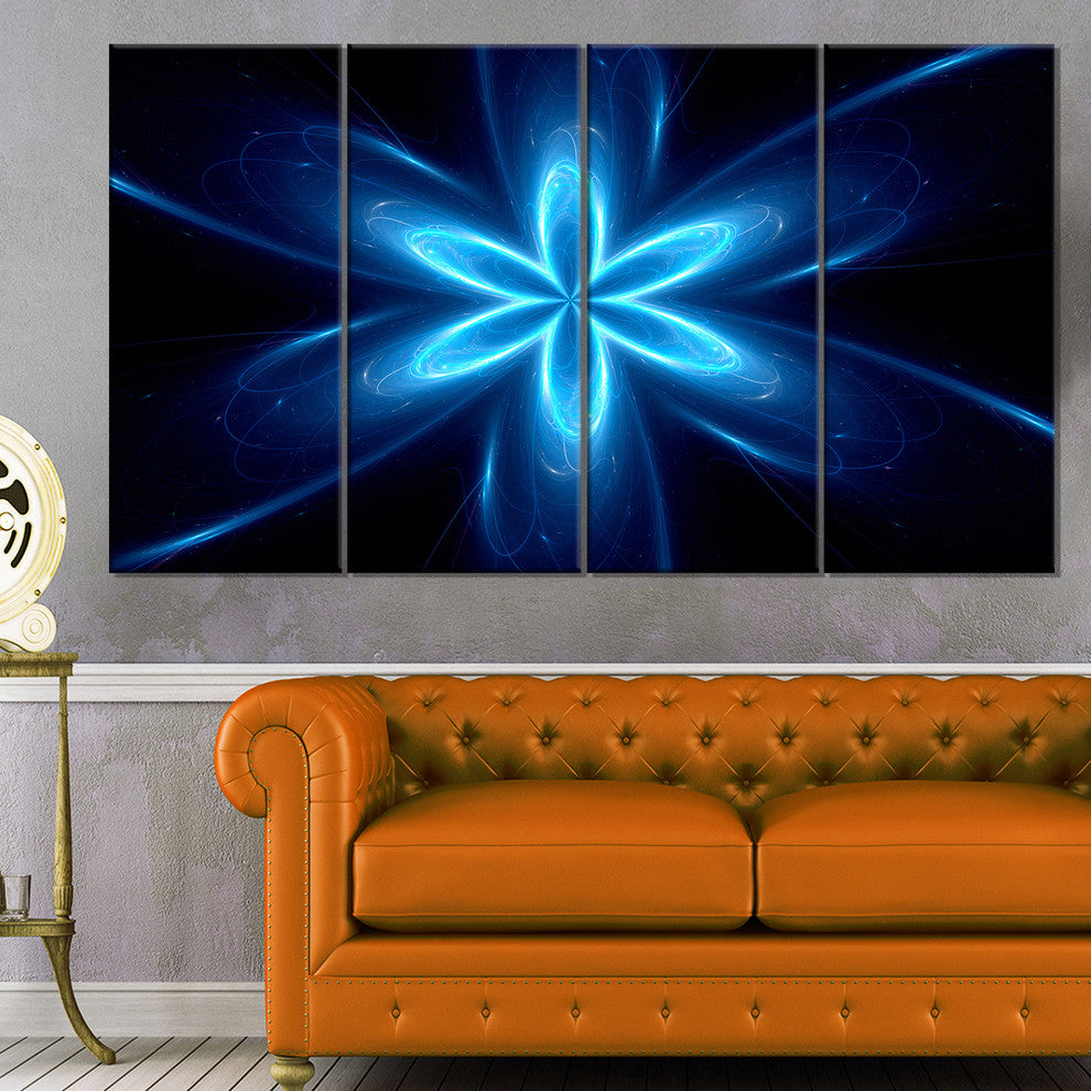 Blue Glowing Space Fractal Flower, Flower Artwork on Canvas, 48"x28", 4 Panels