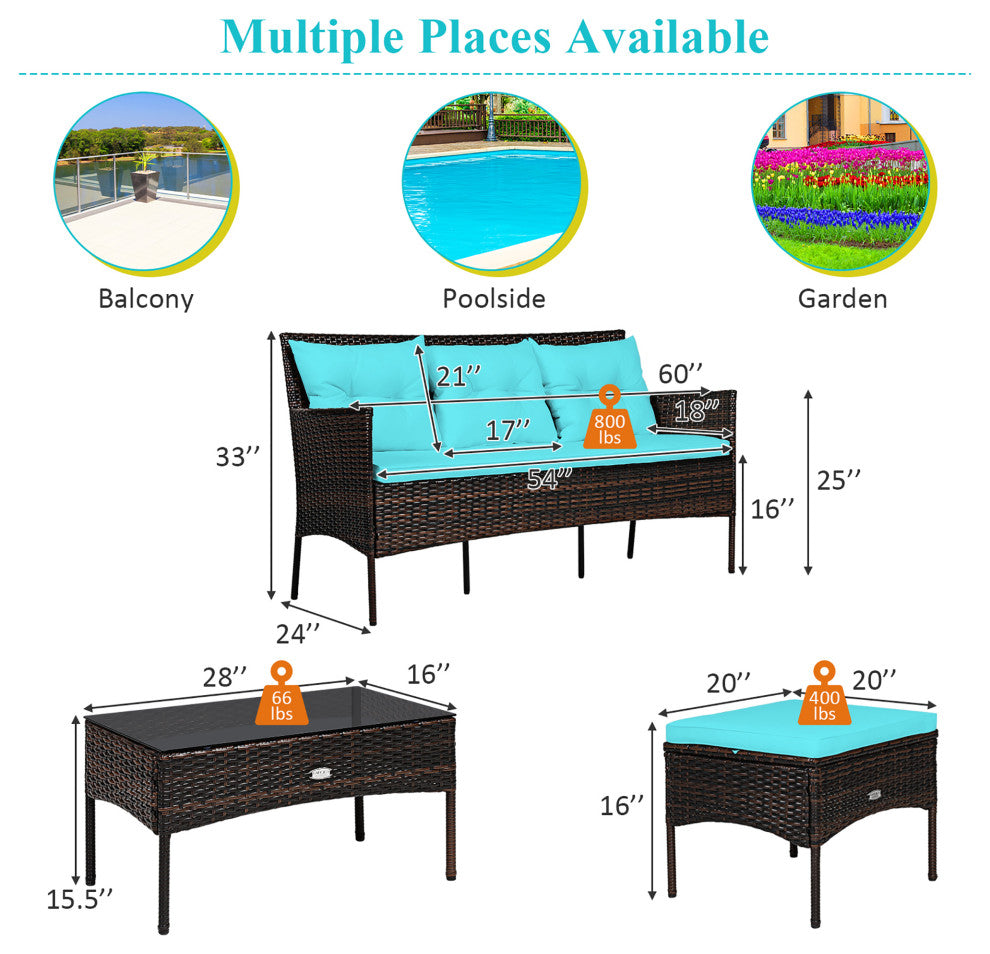 Costway 3PCS Patio Rattan Furniture Set 3-Seat Sofa Cushioned Table Turqouise