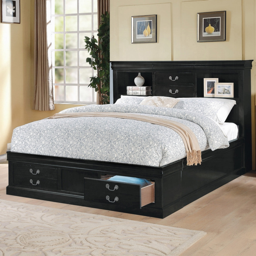 Louis Philippe III Bed With Storage and Hidden Drawer, Black, Eastern King