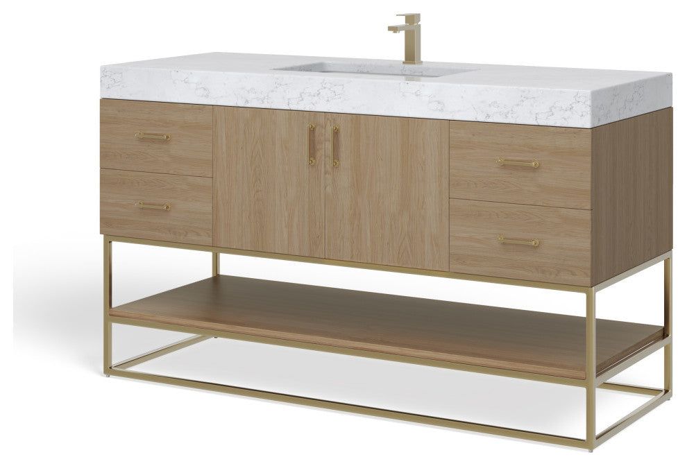 Bahia Bath Vanity, Oak, 60", Brushed Gold Hardware, Single, Freestanding