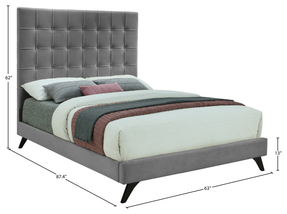 Elly Velvet Upholstered Bed, Gray, Queen