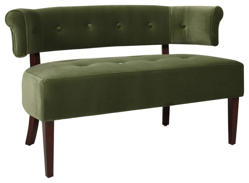Jared Roll Arm Tufted Bench Settee, Olive Green Performance Velvet