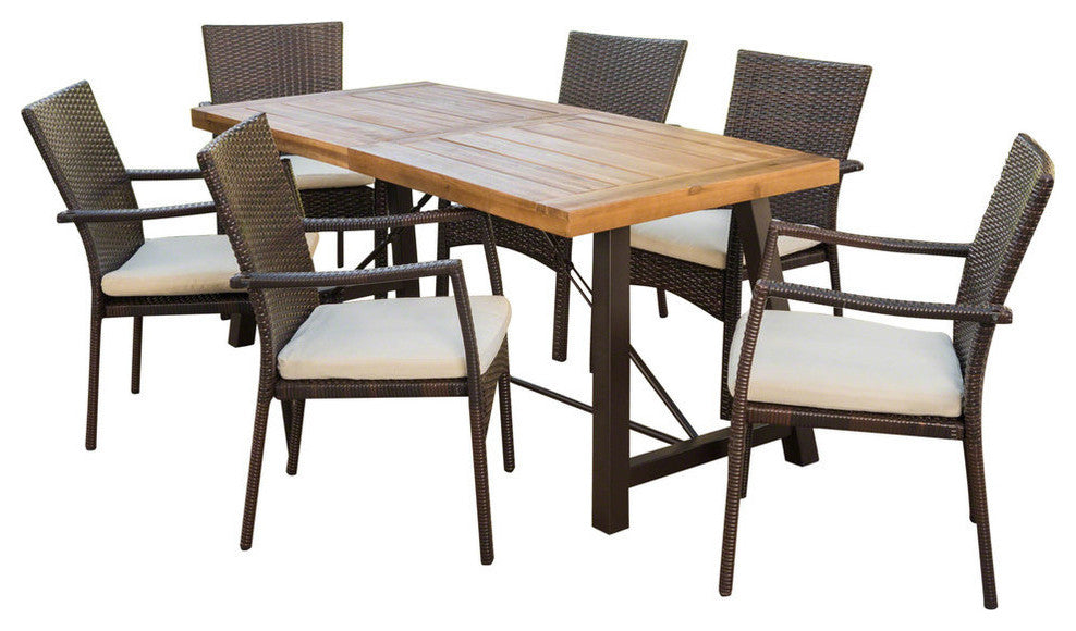 GDF Studio 7-Piece Landon Outdoor Dining Set With Teak Table and Brown Chairs