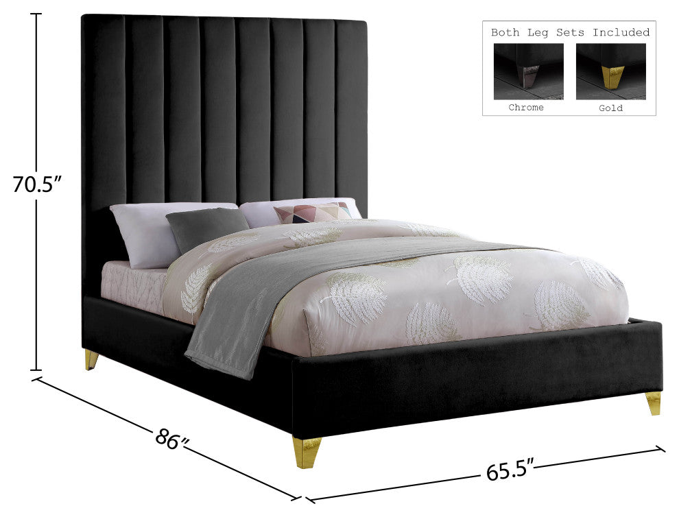 Via Velvet Upholstered Bed, Black, Queen