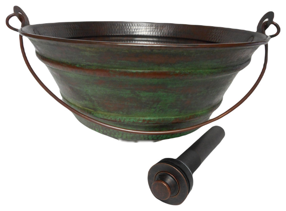 15" Round Copper Vessel Pail Bath Sink with Weathered Green Exterior, LT Drain