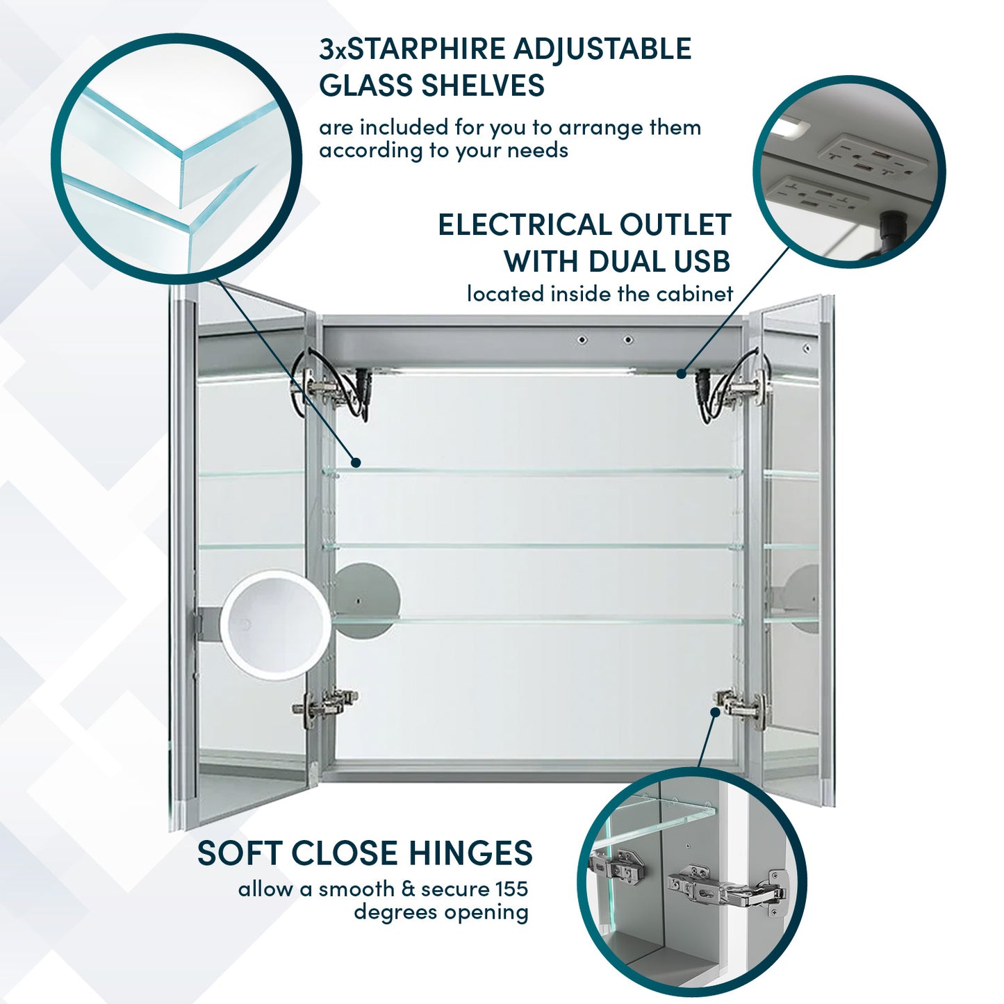 Signature Royale 30" LED Medicine Cabinet Defogger, Adjustable Magnifying Mirror
