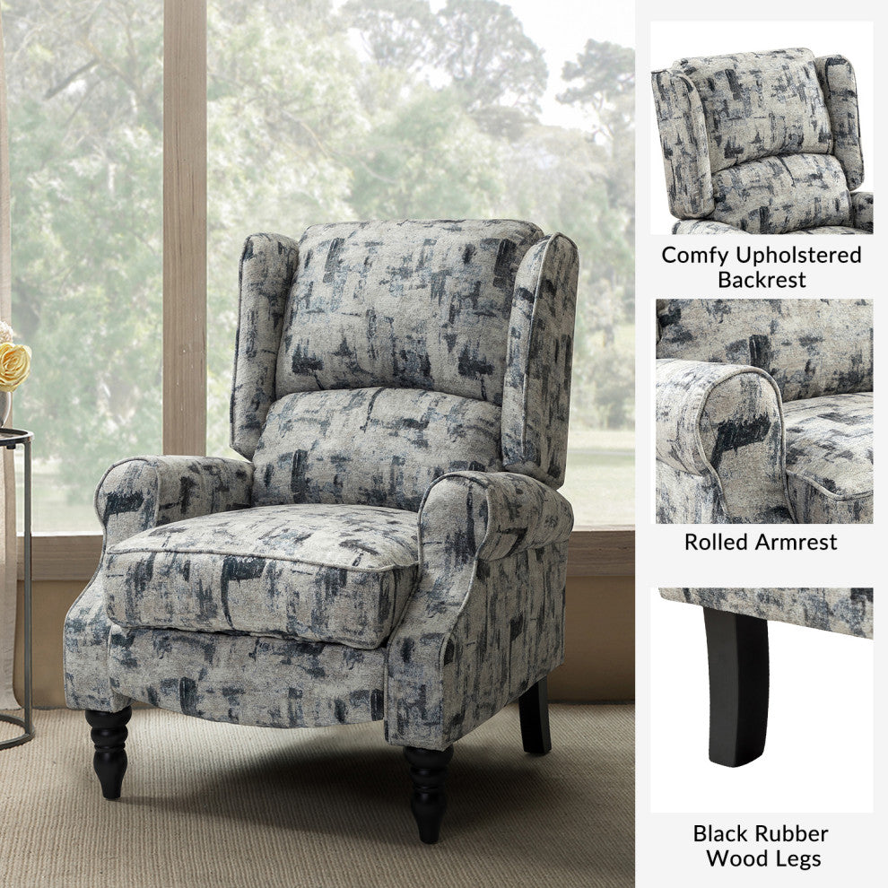 Modern Push-Back Plaid Recliner with Rolled Armrest, Gray