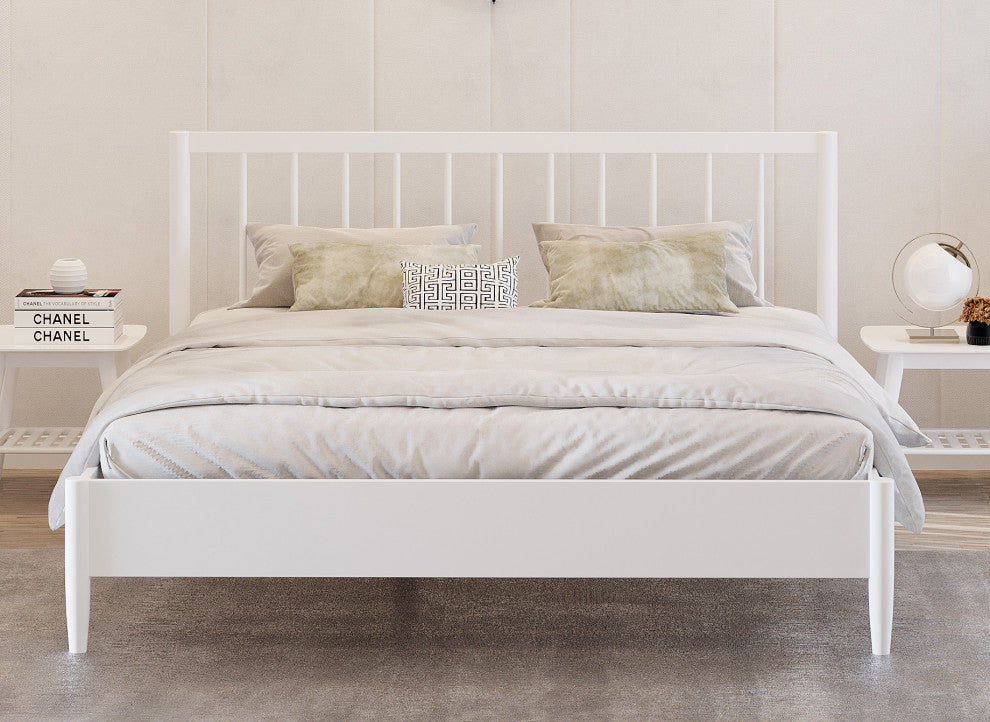 Modern Slatted Wood Headboard Platform Bed, White, Queen