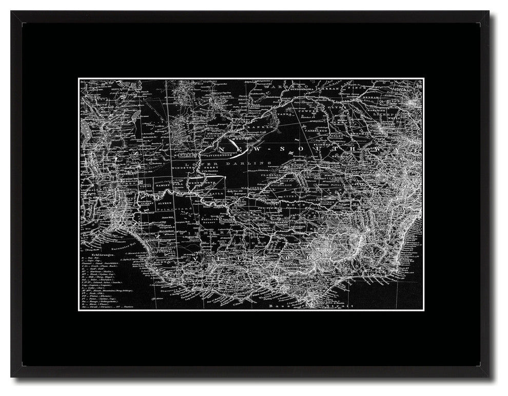 Australia Old Monochrome Map Print On Canvas With Black Custom Frame, 16" X 21"
