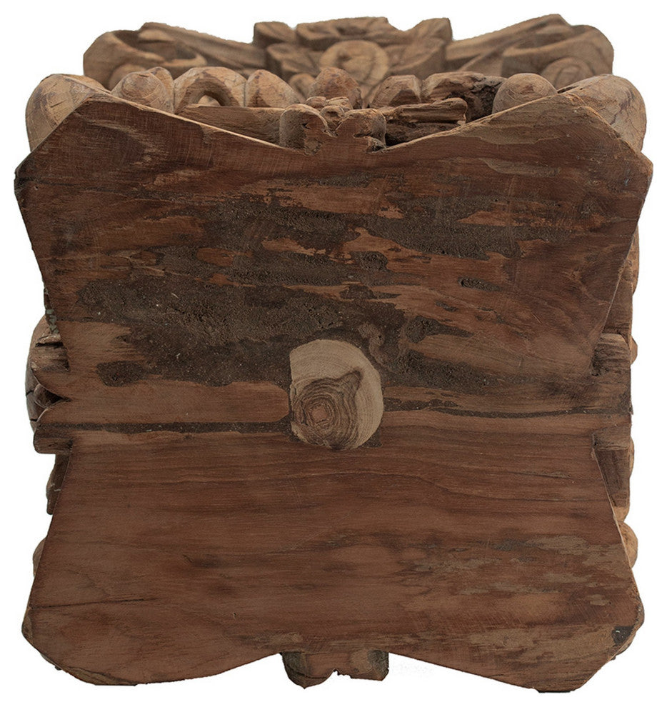 Benzara BM285223 Classic Stool Table, Carved Pillar Accent, Wood, Antique Brown