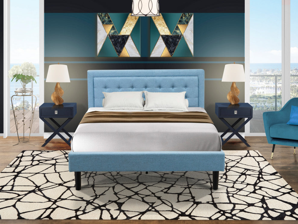 3Pc Fannin Wooden Bedroom Set, 1 Platform Bed Frame, 2 Nightstands, Denim Blue